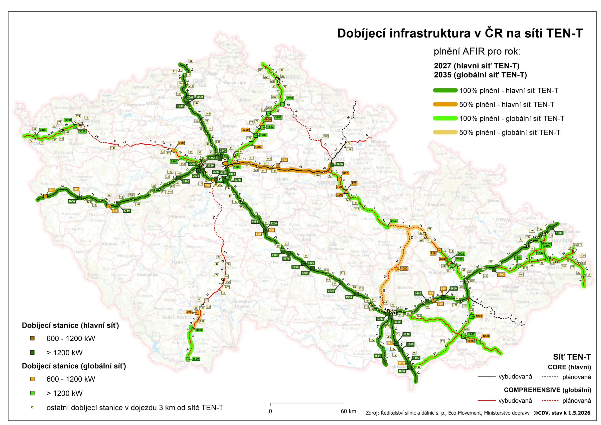 Mapa dobíjecí infrastruktury v ČR na síti TEN-T AFIR 27 - 35