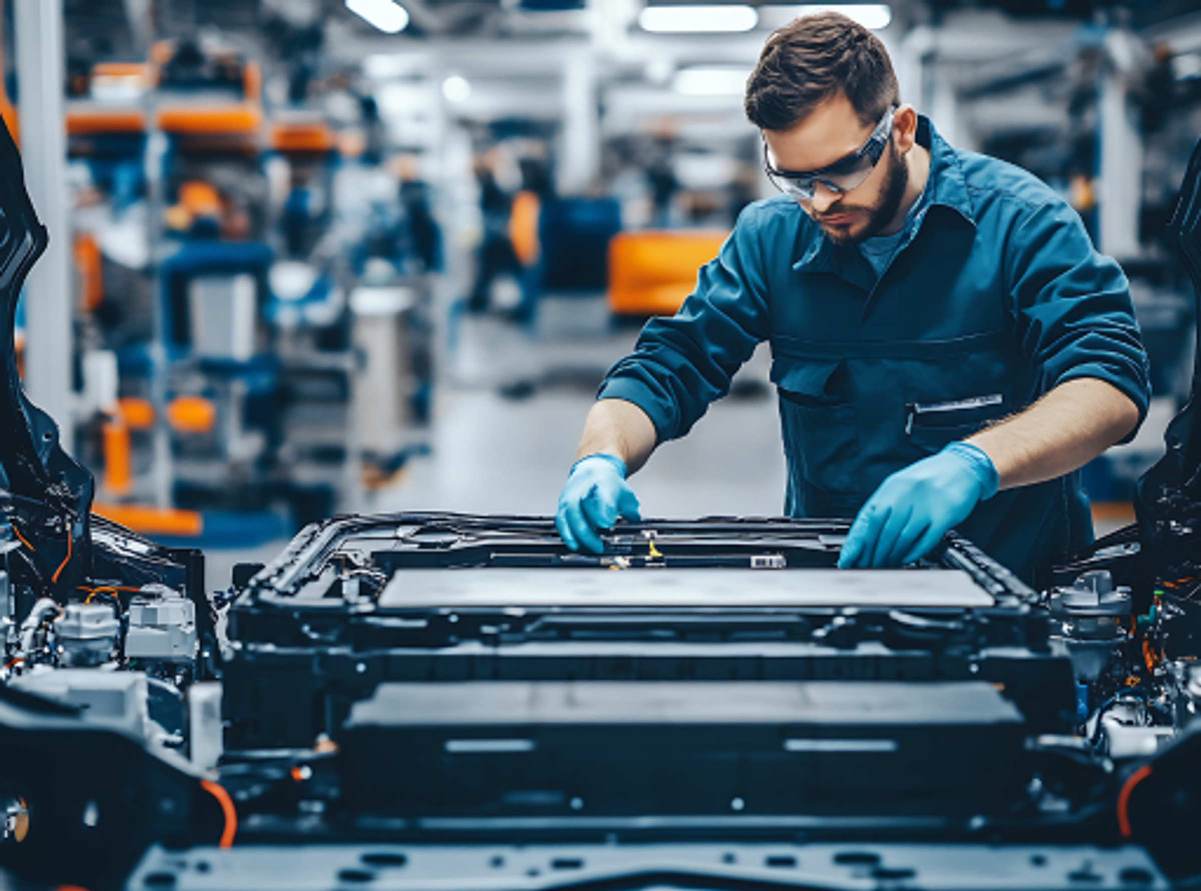 Muž pracující v továrně na automobily