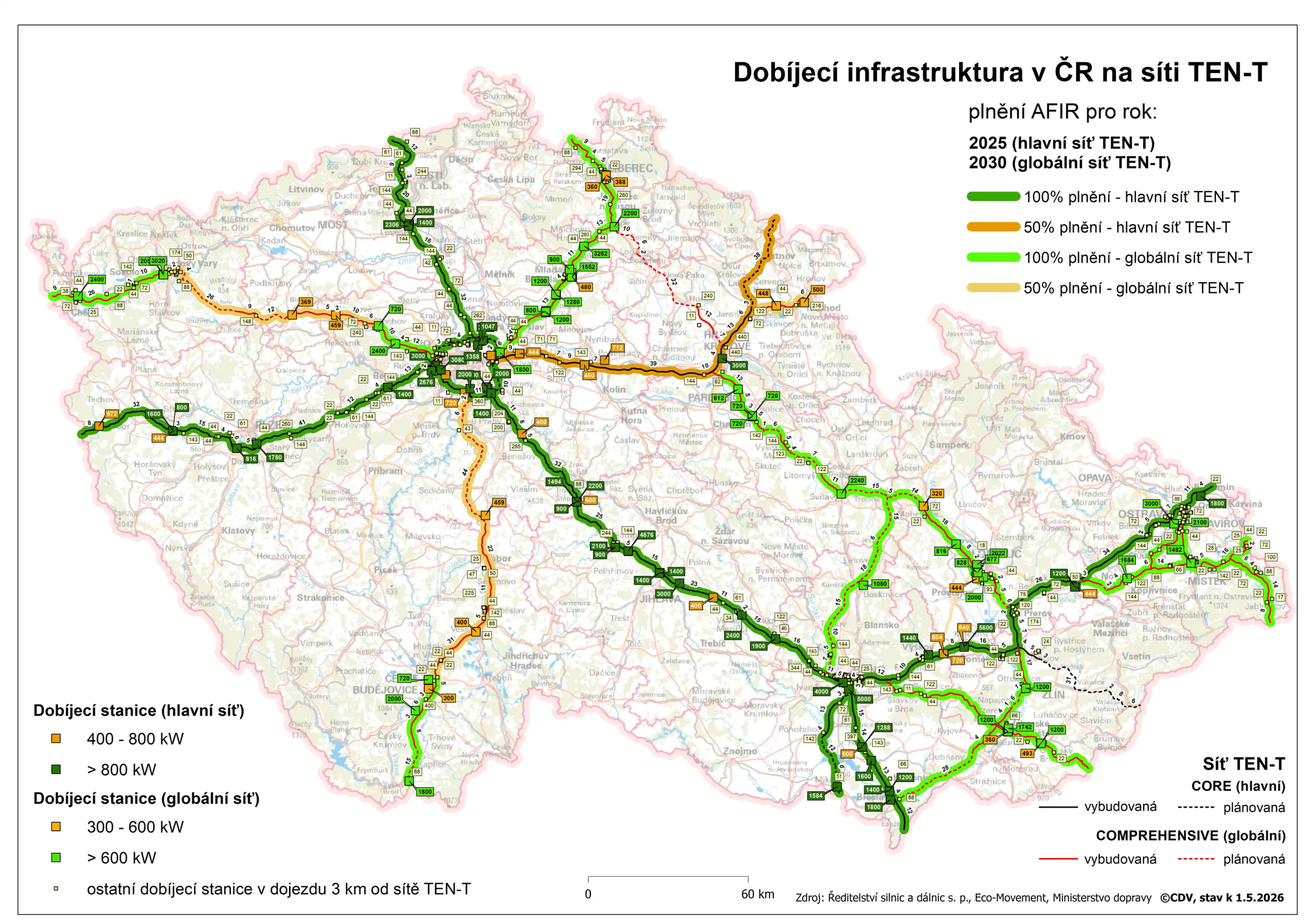 Mapa dobíjecí infrastruktury v ČR na síti TEN-T AFIR 25 - 30