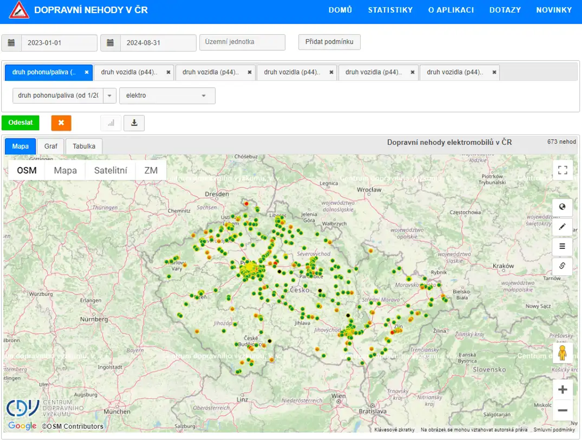 Mapa dopravních nehod elektromobilů