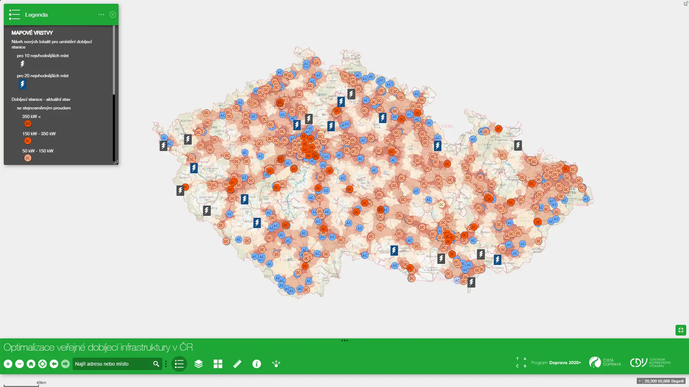 Mapa optimalizace veřejné dobíjecí infrastruktury v ČR